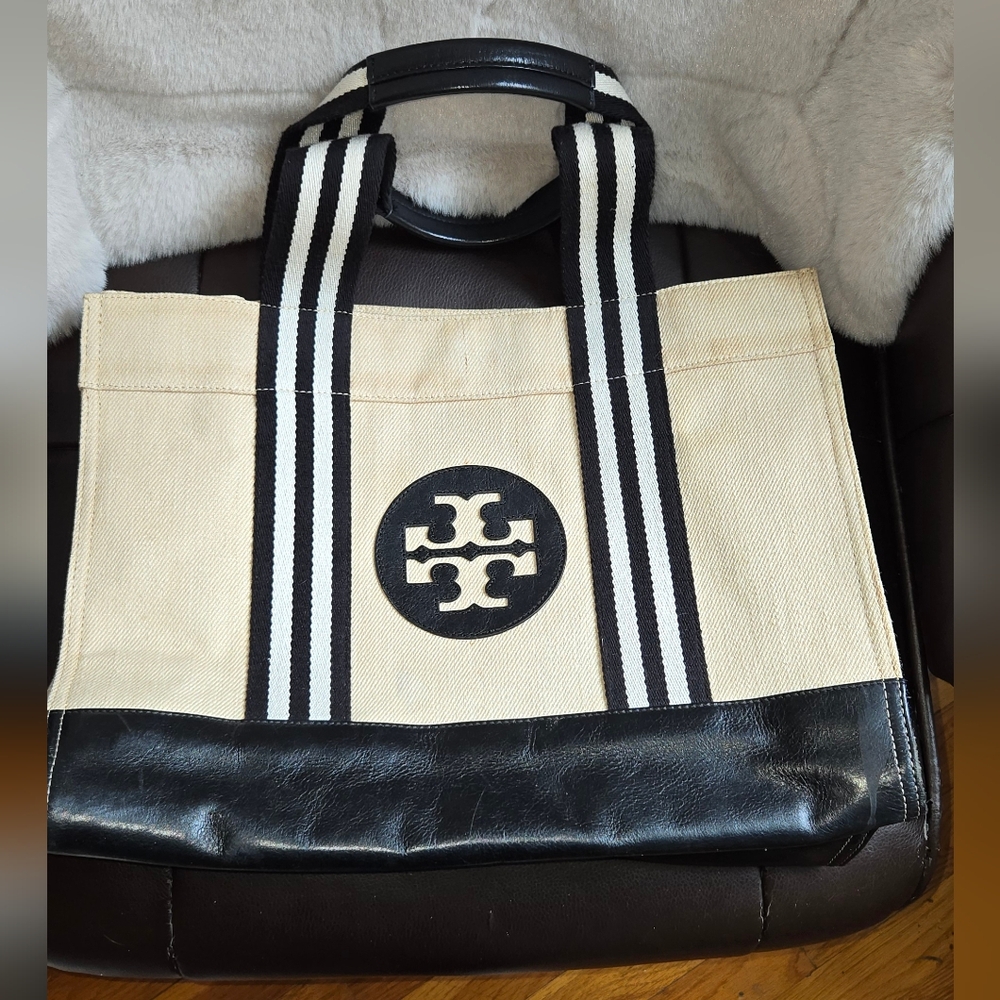 Tory Burch Black Leather and Tan Canvas Tote